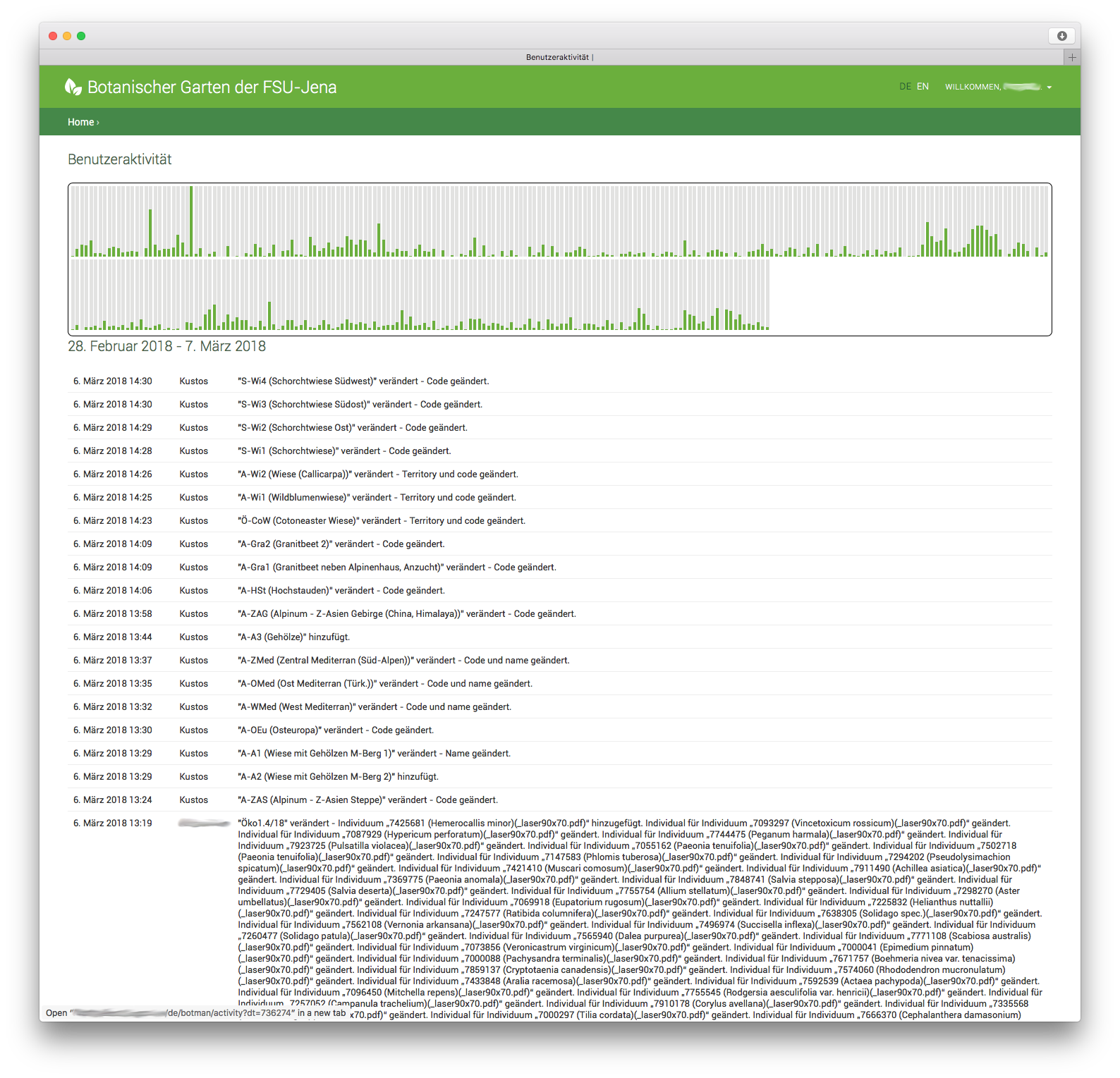 Änderungslog Übersicht über Aktivitäten in der Datenbank