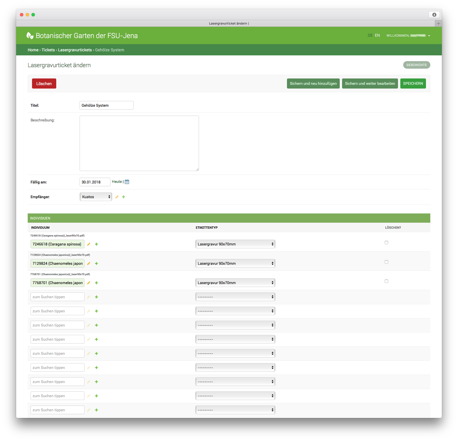 Screenshot: Editieren eines Individuumsintegriertes Ticketsystem zur Verwaltung von Aufgaben (hier Etikettendruck)